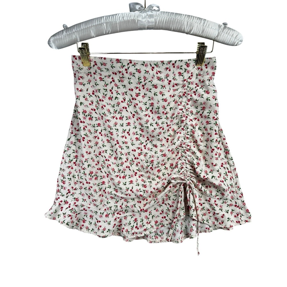 ReVamped Floral Ruched Mini Skirt Small White Pink Rose Cottagecore Pull On